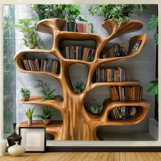 tree bookshelf tapestry wall art with nordic tree and plants design for living or study room decor