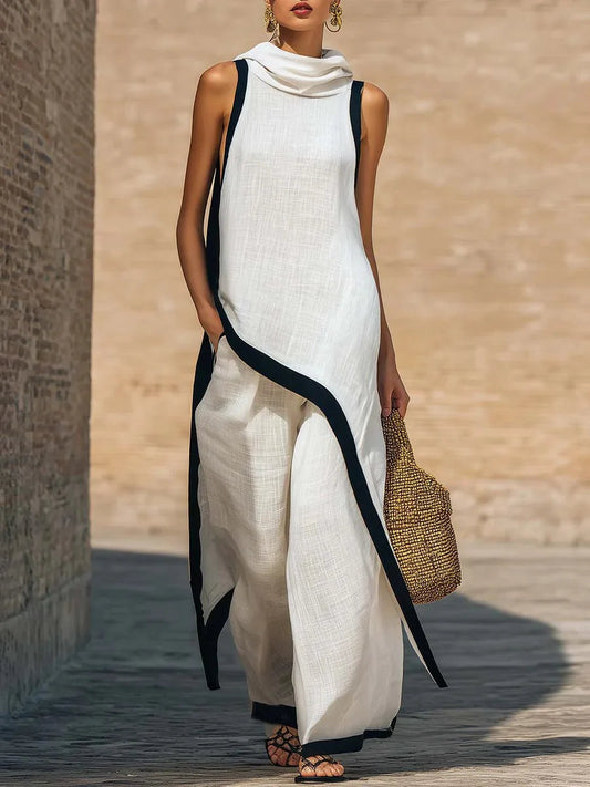 2026 New European American Women's Two-Piece Set: Solid Sleeveless Blouse with High Waist Pants, Elegant Casual Matching Outfit Good Vibrations