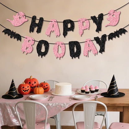 YOMDID Glitter Birthday Banner Happy Boo Day Party Banner Happy Letters Halloween Ghosts and Bats Happy Birthday Decorations Good Vibrations