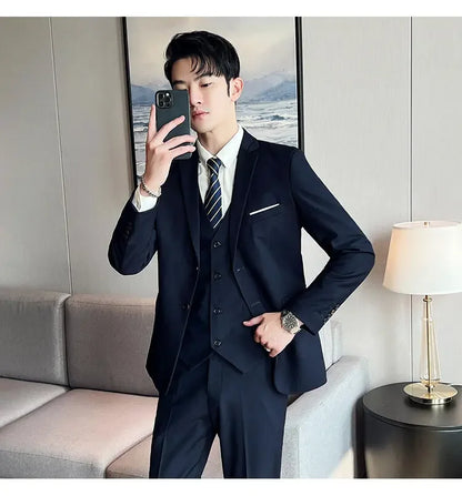 Suit (suit +Vest+Pants) Formal Business Men Four Seasons Professional Fashion Gentleman Solid Color Outdoor British Style Suit