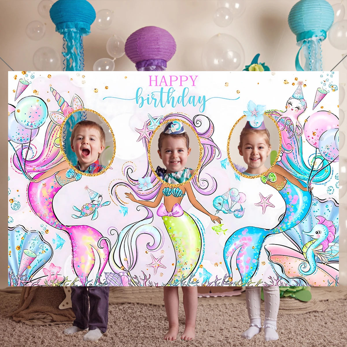 Mermaid photo Frame Background Little Mermaid Tail Birthday Party Decor Kids Girl Baby Shower Birthday Party Supplies Backdrop Good Vibrations