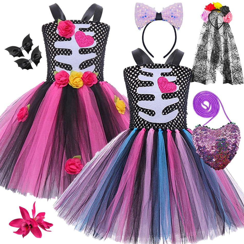 Halloween Kids Dress Cosplay Heart Print Skeleton Costumes Girls Floral Skull Tutu Clothes Children Carnival Performance Outfits Good Vibrations