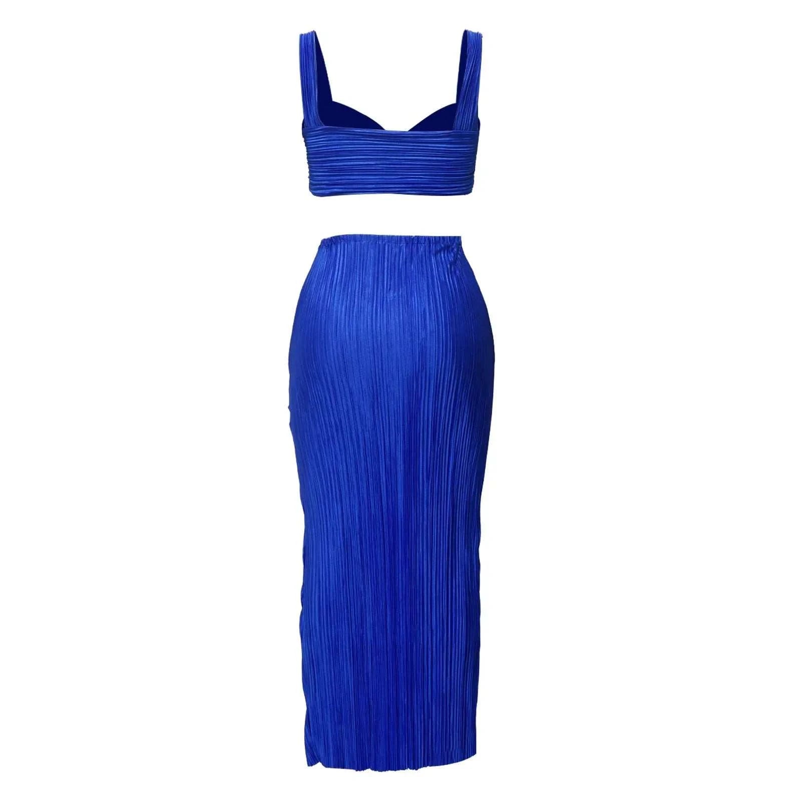 Summer two-piece set with backless halter top and high waist side slit pleated skirt in blue for women.