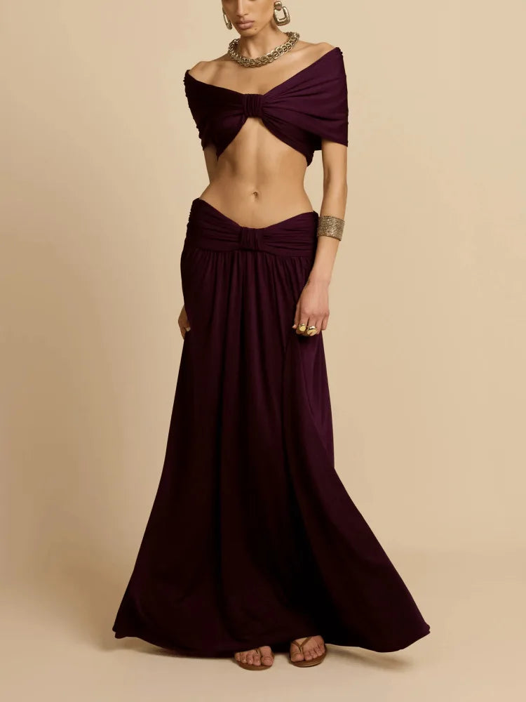 Women's Elegant 2 Piece Outfit | High Waist Draped Long Skirt & Off Shoulder Sleeveless Crop Top for Party Daily Good Vibrations