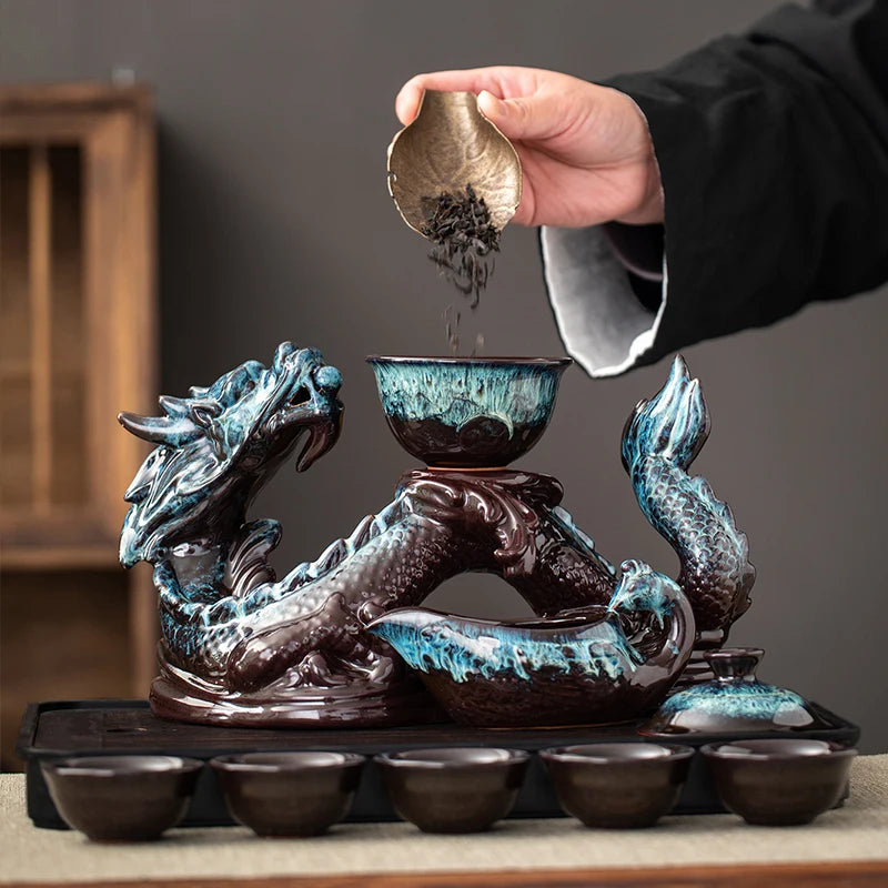 1 set, creative lazy tea set, semi-automatic dragon teapot, magnetic rotating water-conducting tea set, Chinese Kung Fu tea set Good Vibrations