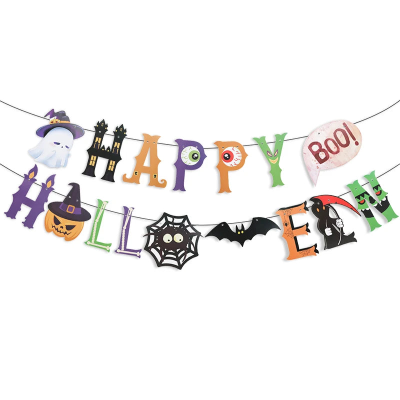 Halloween Party Paper Garland Bat Pumpkin Banner 2025 Happy Halloween Party Decoration for Home Trick or Treat Hanging Pendants Good Vibrations