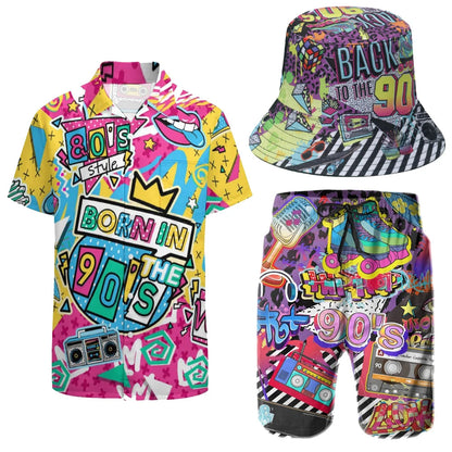Men's 2 Pieces 80S 90S Outfit Retro 90S Shirts and Shorts Set Vintage Active Tracksuits Outfits with Hat Halloween Carnival Suit Good Vibrations