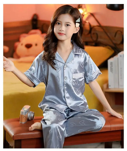 New Kids Spring Autumn Silk Satin Pajamas Set Girls Cartoon Button-Down Long Sleeve 2 Pieces Tops+Pants Sleepwear Pyjama Clothes Good Vibrations
