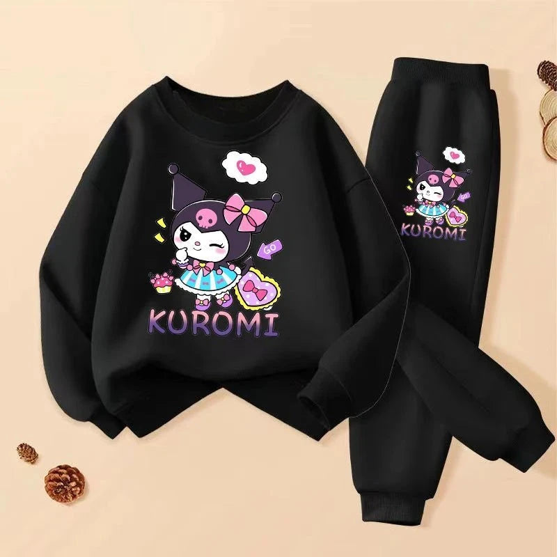 SANRIO Spring Autumn Children Clothing Sets Cartoon Kuromi Print Girls Sweatshirt  2pcs Suit Breathable Thin Kids Tracksuit Good Vibrations