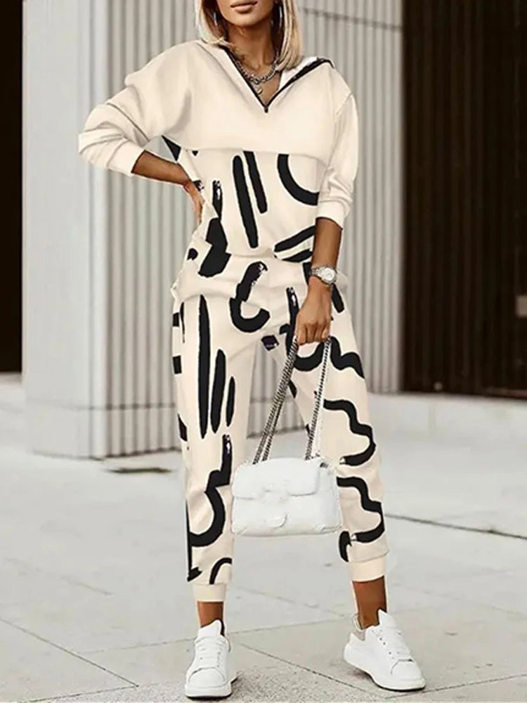 Spring Autumn Lady Casual Long Pants Suit Women Patchwork Zip Top Print Trousers Set Loose High Waist Pants Two Piece Set Outfit Good Vibrations