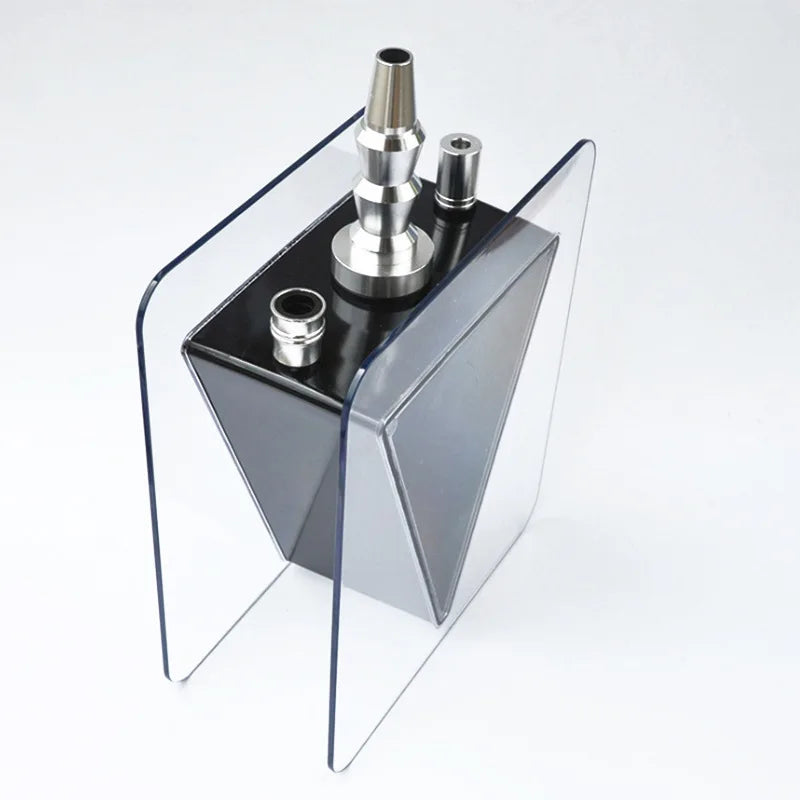 Acrylic inverted triangle hookah set with stainless steel components.