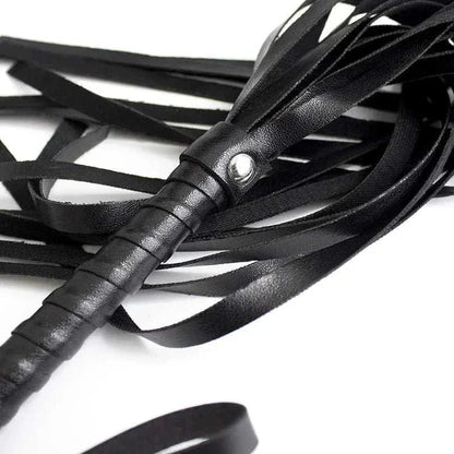 BDSM bondage flogger whip with leather restraints for adult games.