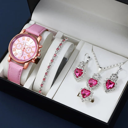 Fashion quartz watch and jewelry set, shock resistant circular analog digital display, PU leather strap, zinc alloy case Good Vibrations