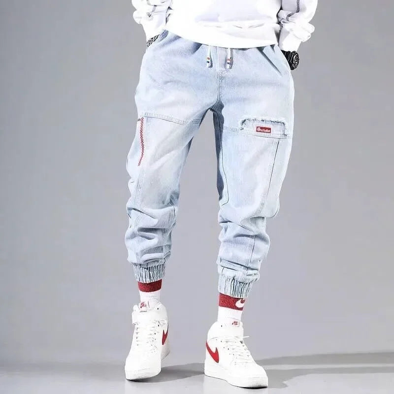 S-5XL Baggy Denim Pants for Men Autumn/winter Trendy Loose Cargo Jeans Casual Korean Slim Legged Male Hip-Hop Capri Pants Blue Good Vibrations