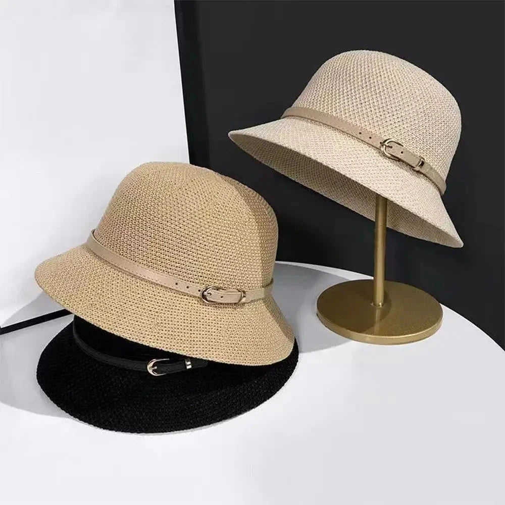 Floppy Wide Brim Sun Hat Summer Sun Protection Casual Caps Leather Buckle Fisherman Hats Women Outdoor Holiday Beach Straw Cap Good Vibrations