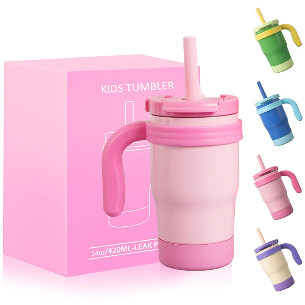 420ML Kids Thermos Bottle Leak Proof Tumbler With Handle Stainless Steel Travel Straw Mug For Toddler Boys Girls Christmas Gifts Good Vibrations