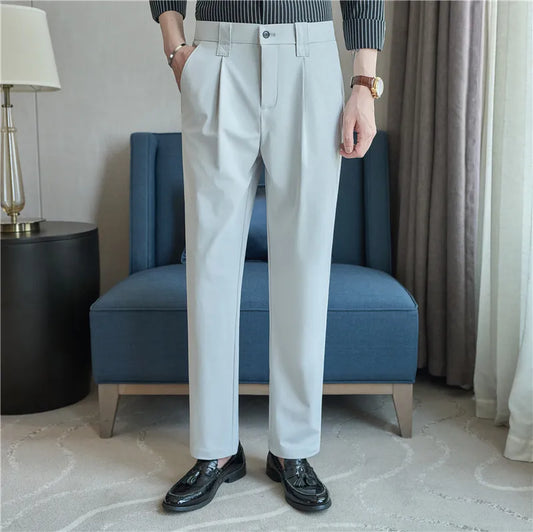 Men Straight Leg Suit Pants Summer Ice Silk Lightweight Elastic Waist Casual Loose Wide-leg Trousers Dress Pants Men Clothing