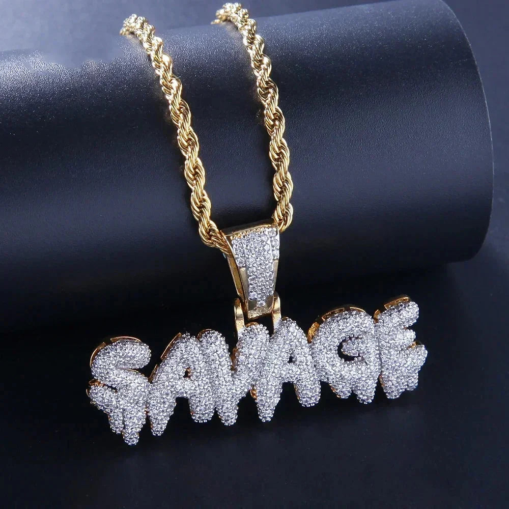 Hip Hop Ice Out SAVAGE letter pendant necklace with gold chain for men and women