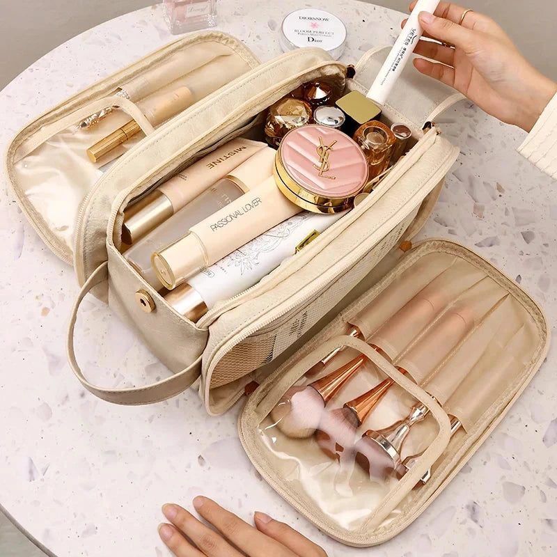 Multifunctional Makeup Bag For Women PU Leather Large Capacity Portable Double Zipper Travel Makeup Brush Toiletries Storage Bag Good Vibrations