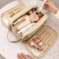 Multifunctional Makeup Bag For Women PU Leather Large Capacity Portable Double Zipper Travel Makeup Brush Toiletries Storage Bag Good Vibrations