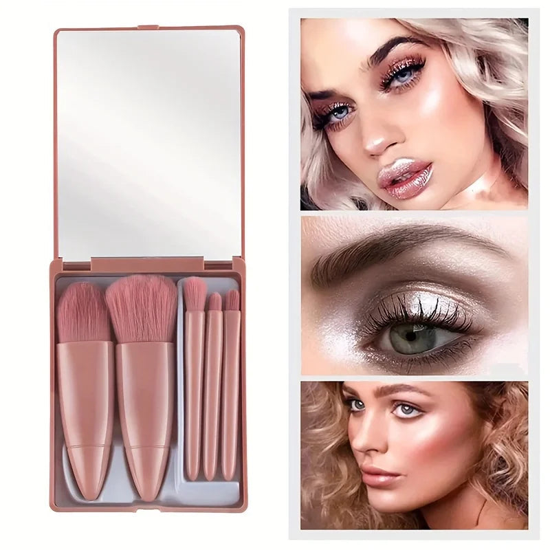 5-Piece Mini Makeup Brush Set With Mirror, Soft Bristles, Precise Makeup, Easy To Create A Perfect Makeup,Suitable As A Gift Good Vibrations