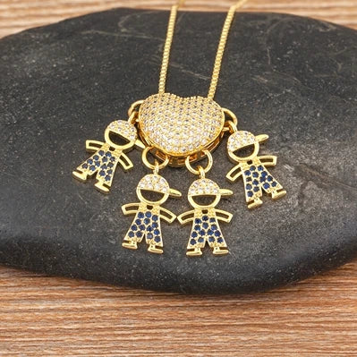 Nidin Fashion Hot Family Member Pendant Necklace Micro-Studded Zircon Love Heart Boy Girl Parent-Child Jewelry Mother's Day Gift Good Vibrations