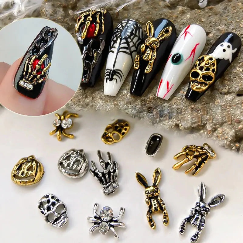 Halloween Alloy Nail Art Charms 3D Ghost Skull Pumpkin Golden Silver Classic Nails Jewelry Ornaments DIY Manicure Accessories Good Vibrations