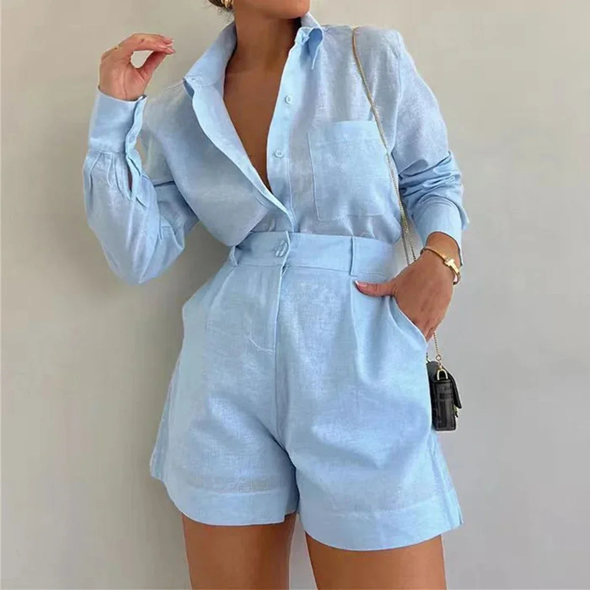 2026 New Short Sets Women Shirts Long Sleeve Cotton Linen Loose Blouse High Waist Shorts Suit Summer 2 Piece Sets Womens Outfits Good Vibrations