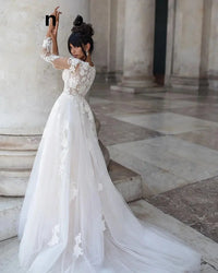 Wedding Party Dress For Women V Neck Full Sleeves Bridal Gowns Elegant A Line Botton For Women Customize  Measure Stunning Good Vibrations