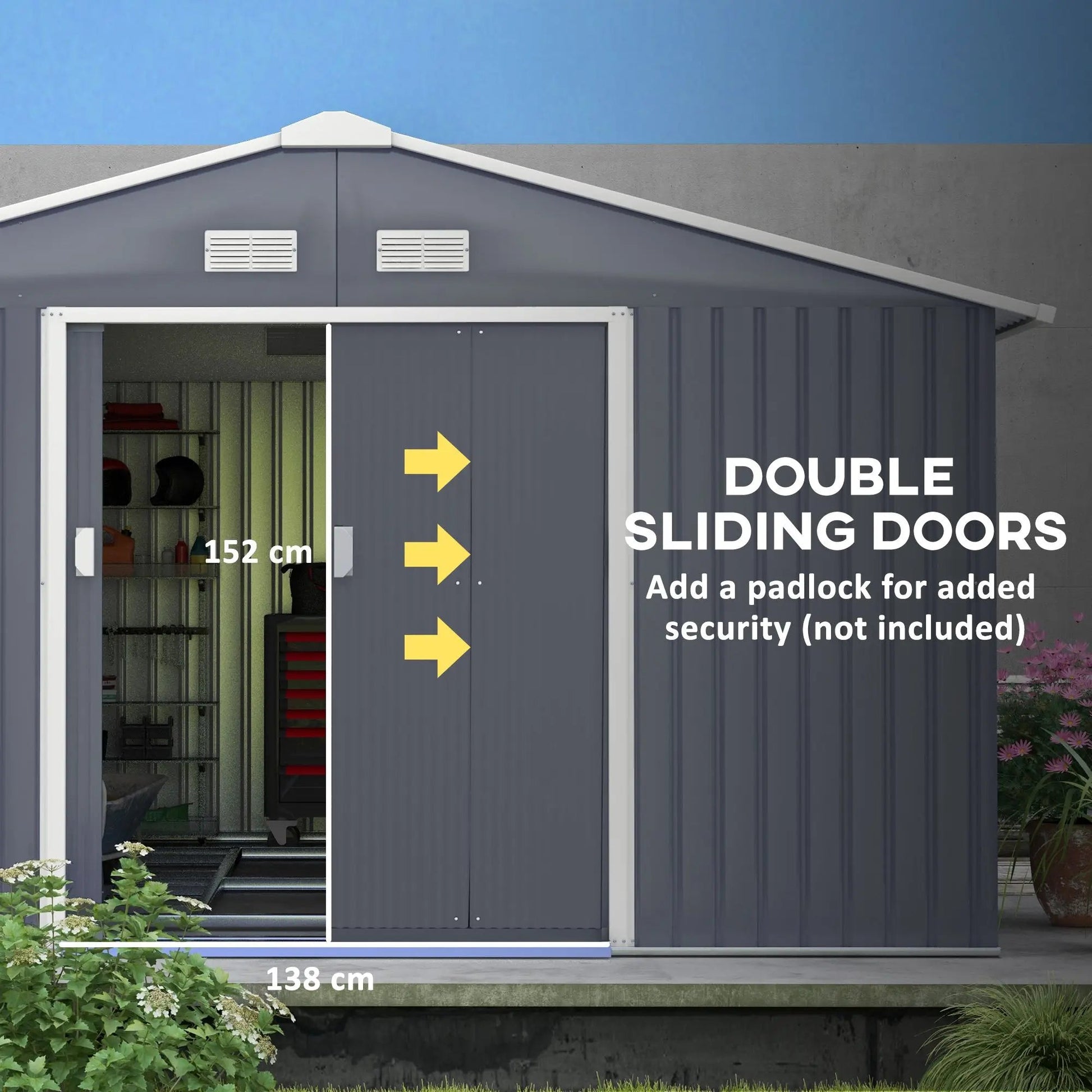 12.6' x 11' Metal Storage Shed, Garden Tool House with Double Sliding Doors, 4 Air Vents for Backyard, Patio & Lawn, Dark Gray Good Vibrations