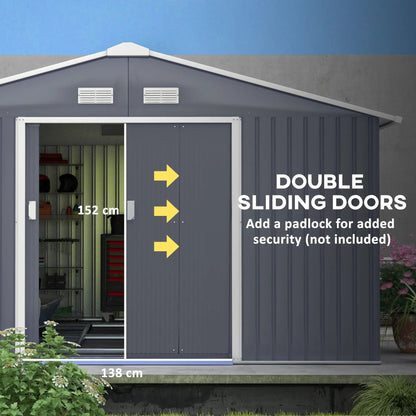 12.6' x 11' Metal Storage Shed, Garden Tool House with Double Sliding Doors, 4 Air Vents for Backyard, Patio & Lawn, Dark Gray Good Vibrations