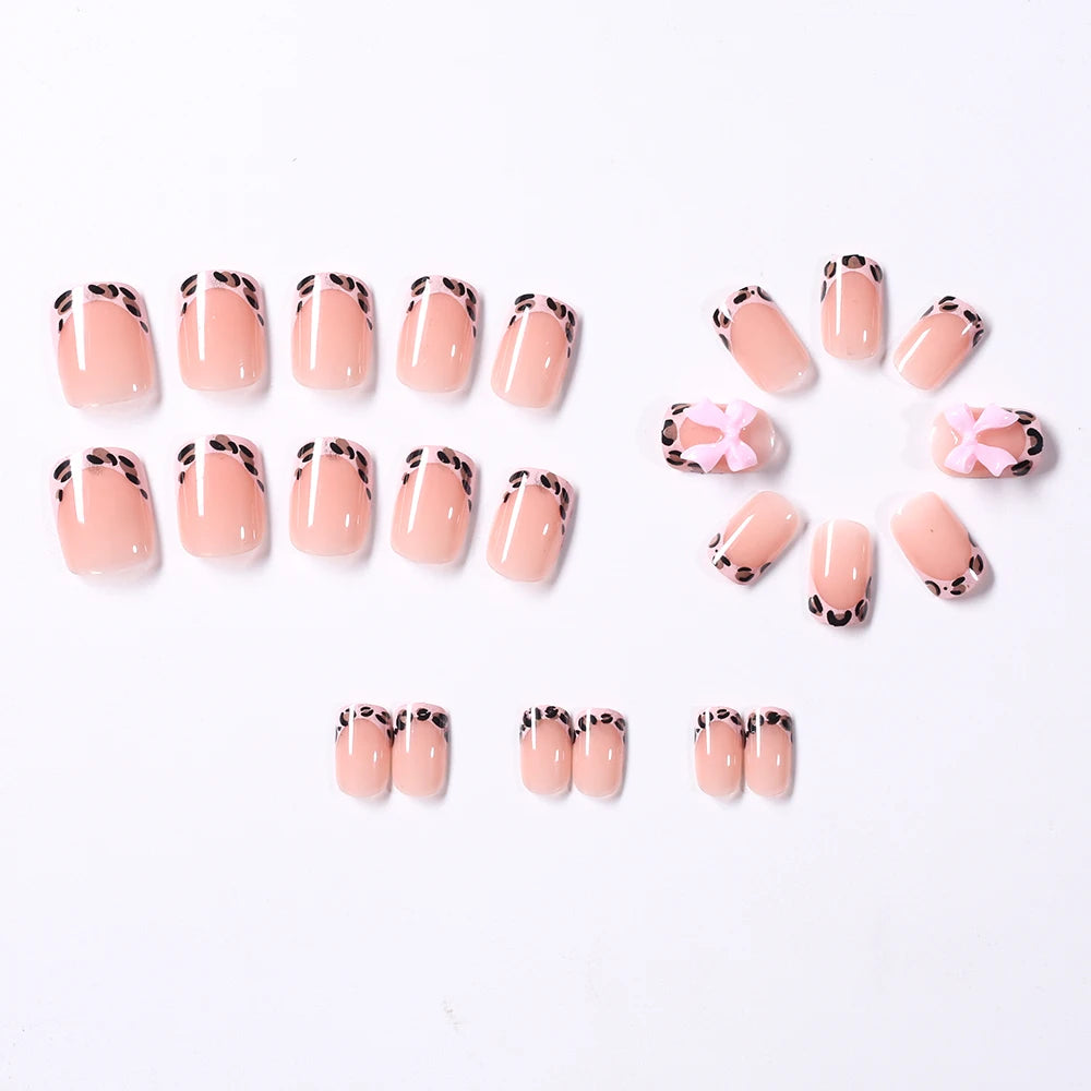 24Pcs Pink Leopard Print French Tips False Nails Short Square Head 3D Black Bowknot Fake Nails Acrylic Full Cover Press on Nails Good Vibrations