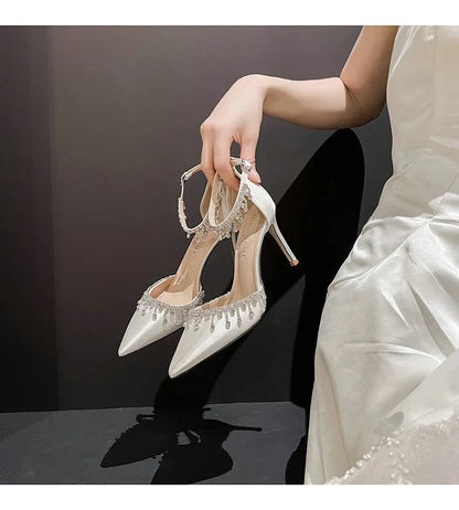 Comemore 2025 White Wedding Bridesmaid Shoes Satin Fashion Rhinestone Fringe Chain High Heels Black Temperament Elegance Pumps Good Vibrations