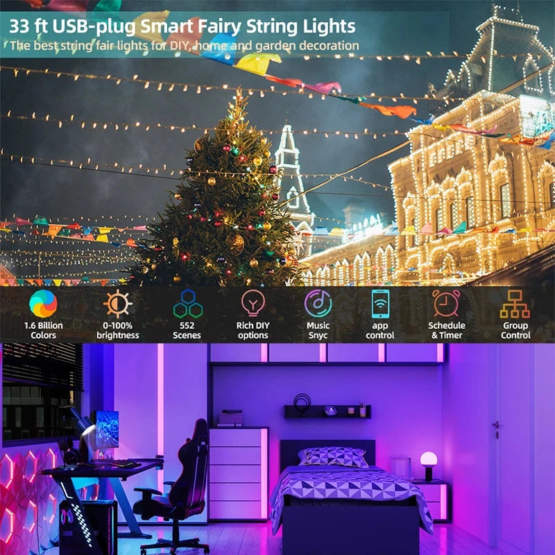 Christmas Tree Lights Outdoor Indoor, 100LED 10M WS2812B RGBIC Lights, String Lights IP65 Waterproof Bluetooth Fairy LED String Good Vibrations