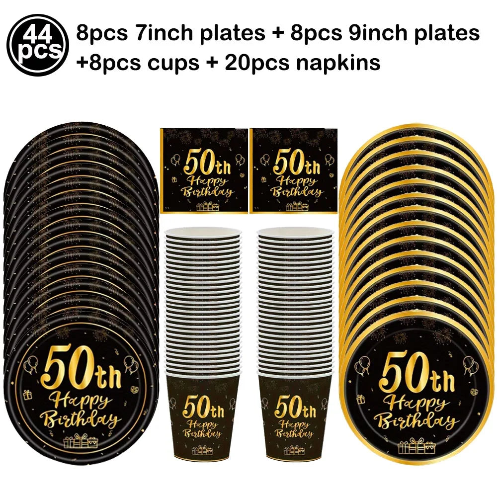 50th Birthday Party Supplies for Men Women Black and Gold 50 Years Old Party Paper Plates Cups Napkin Tablecloth Tableware Decor Good Vibrations