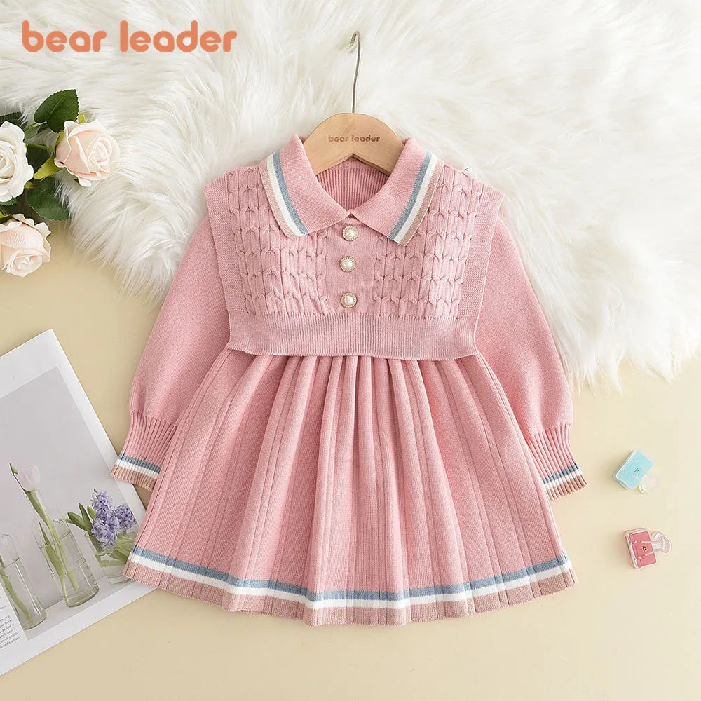 Bear Leader Kids Dresses for Girls Pearl Button Tricolor Striped Lapel Knit Skirt Winter College Style Children's Clothing Good Vibrations