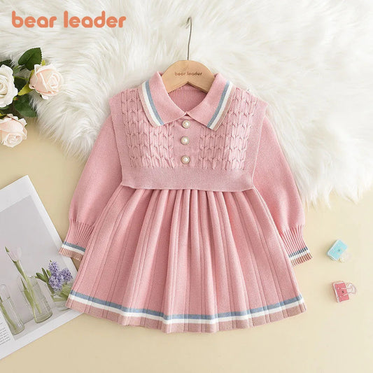 Bear Leader Kids Dresses for Girls Pearl Button Tricolor Striped Lapel Knit Skirt Winter College Style Children's Clothing Good Vibrations