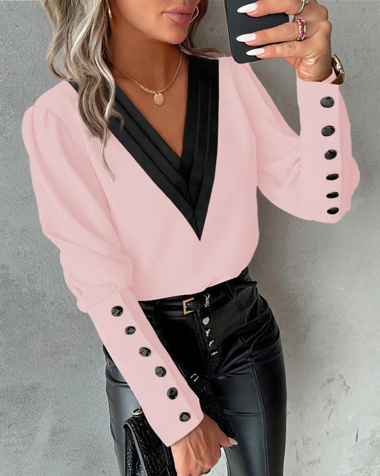 Office Ladies V-neck Button Shirt Blouse Spring Autumn Fashion Color Matching Long Sleeve Shirts For Women 2024 White Tops Femme Good Vibrations