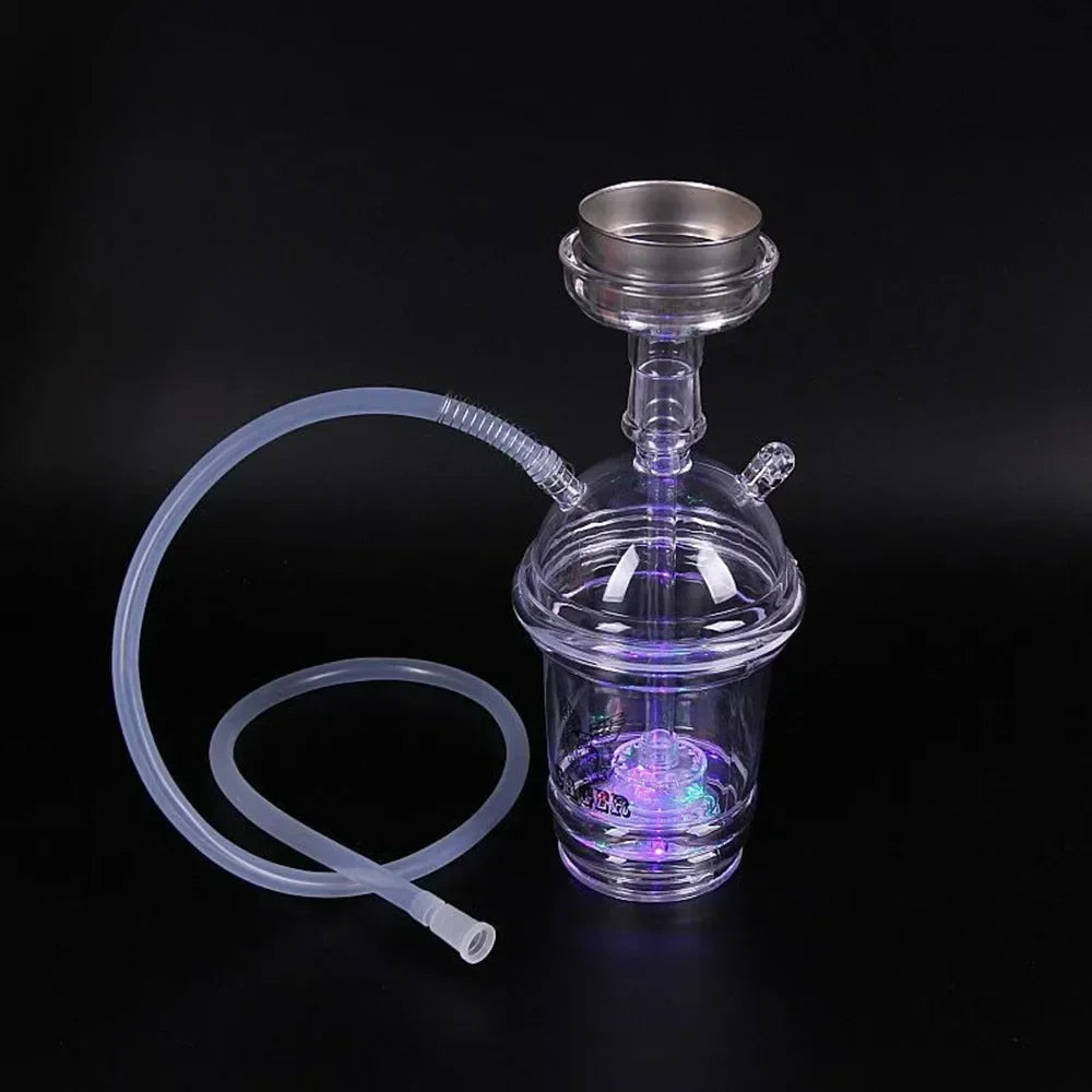 LED acrylic hookah cup with metal tobacco bowl and silicone hose, portable shisha set.