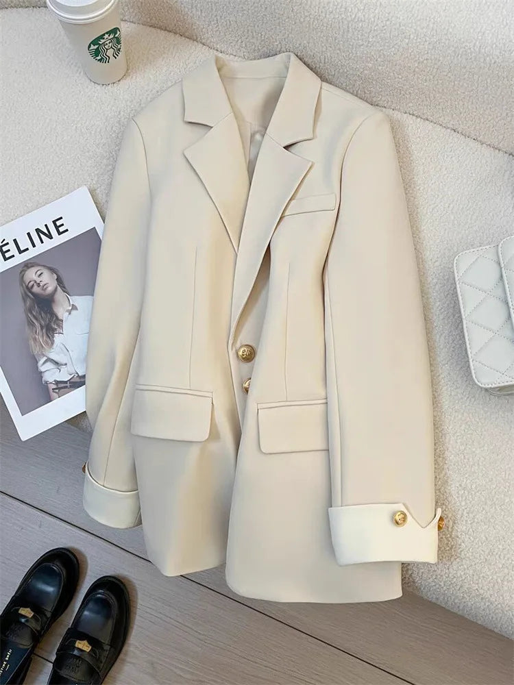 Single Breasted Notched Blazer Jackets Fashion Women Solid Long Sleeve Office Lady Blazers Casual Spring Autumn Female Clothes Good Vibrations
