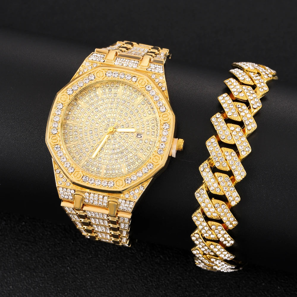 Iced Out Watch for Men Gold Watch for Men Hip Hop Fashion Cool Bling Bling Gold Diamond Luxury Mens Watch Dropshipping Relogio Good Vibrations