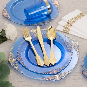 175PCS Blue Gold Plastic Plates Sets, Include 25Dinner Plates, 25Dessert Plates, 25Cups, 25Forks, 25Knives, 25Spoons, 25Napkins Good Vibrations