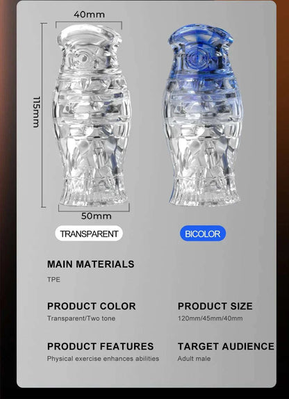 Male masturbator cup with transparent and bicolor designs, made of TPE, shown on a product info card.