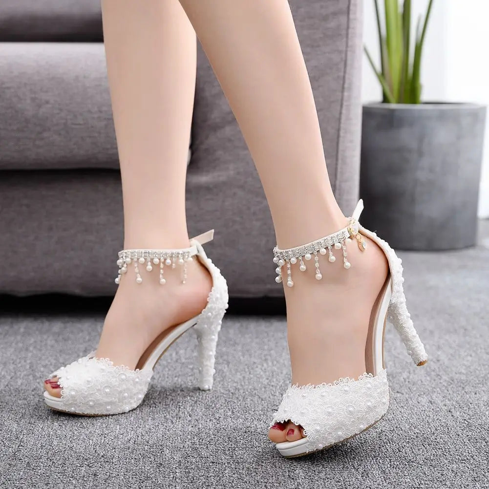 Women High Heel Shoes for Female Pointed Fashion Sandals Lace Pearl Platform PU 10CM Thin Heels Peep Toe Dress Woman Shoes Good Vibrations