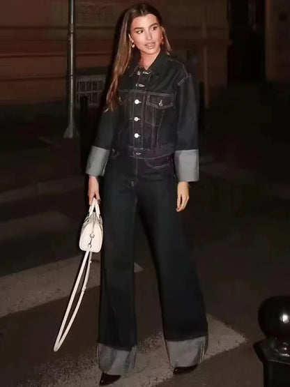 HH Women Fashion Denim Set Casual Lapel Long Sleeve Crop Jacket Buttons Female Vintage Wide Leg Loose Jeans Long Pants Good Vibrations