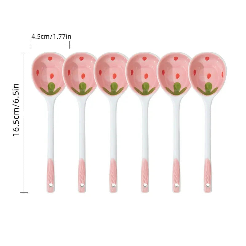 Kawaii Strawberry Ceramic Soup Spoon Cute Korean Ice Cream Hand Painted Coffee Dessert Long Handle Spoon Kitchen Accessories Good Vibrations