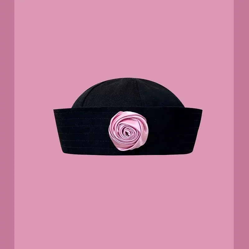 Y2K Striped Bow Flower Rhinestone Sailor JK Beret Navy Hats for Women Summer Niche Flipped Nurse Cosplay Beret Cap Sombreros Good Vibrations
