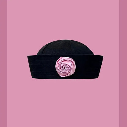 Y2K Striped Bow Flower Rhinestone Sailor JK Beret Navy Hats for Women Summer Niche Flipped Nurse Cosplay Beret Cap Sombreros Good Vibrations