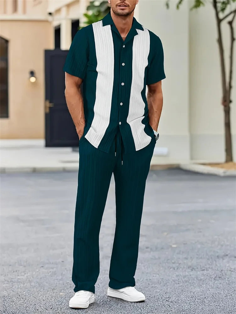 2025 Autumn Geometric Color Block Printed Short-sleeved Set, 2pcs Daily Casual And Loose Men's Shirt Set, Casual And Fashionable Good Vibrations