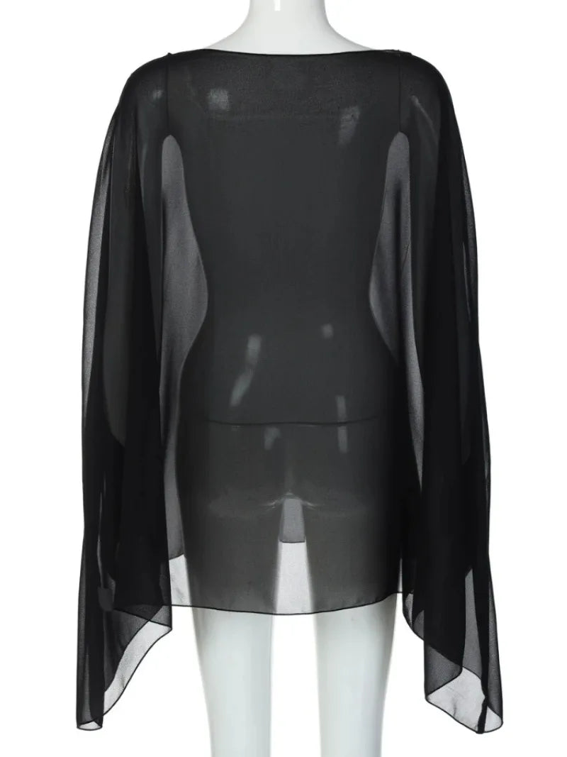 Woman Clothes See-through Chiffon Blouses Sexy Fashion Solid Cover-ups Ladies Elegant Night Club Tops White Black Streetwear Good Vibrations